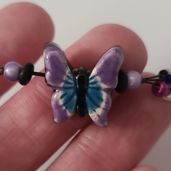 925 Vintage Butterfly Pottery Necklace Artisan Glass Beaded Purple Cats Eye Vtg - Picture 13 of 16